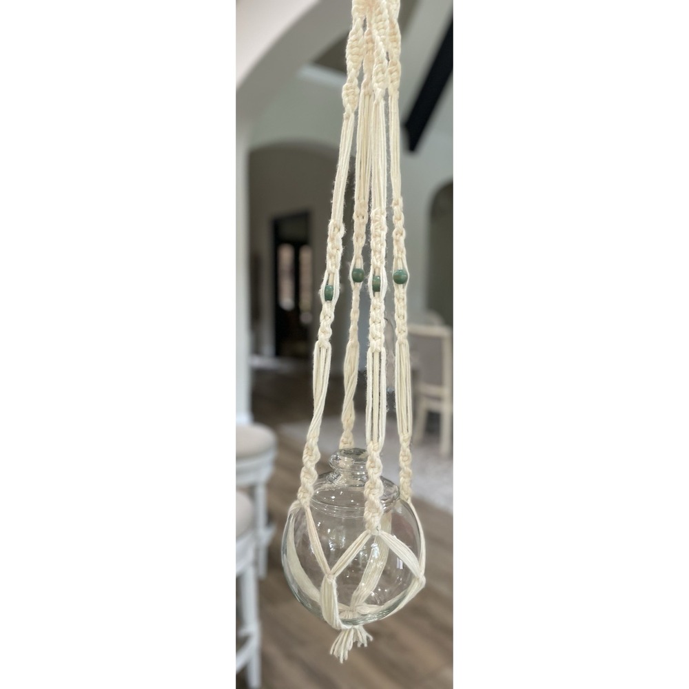 Vtg Handmade Yarn Macrame Plant Hanger Boho Indoor Hanging Lidded Jar Terrarium‎